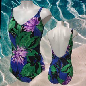 black and purple lily vintage bathing suit small